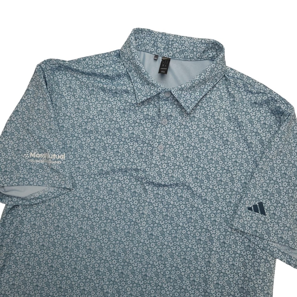 Adidas Polo Shirt Mens Large Blue Floral MassMutual Golf Performance Stretch Top